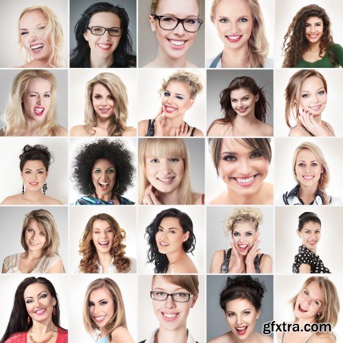 Collage emotion of people, people faces, set of woman portraits