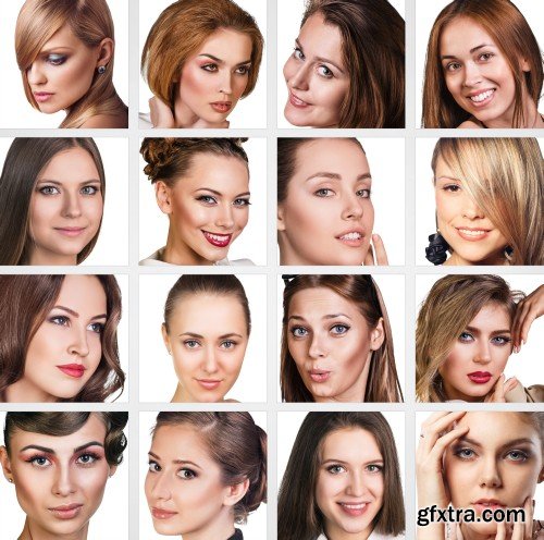 Collage emotion of people, people faces, set of woman portraits