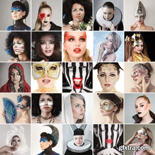 Collage emotion of people, people faces, set of woman portraits