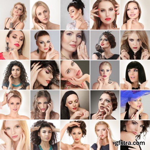 Collage emotion of people, people faces, set of woman portraits