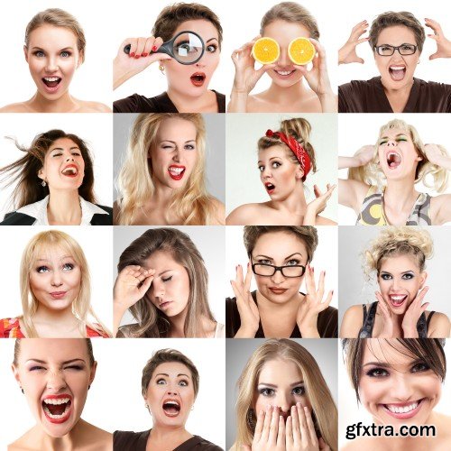 Collage emotion of people, people faces, set of woman portraits