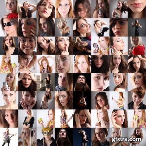 Collage emotion of people, people faces, set of woman portraits