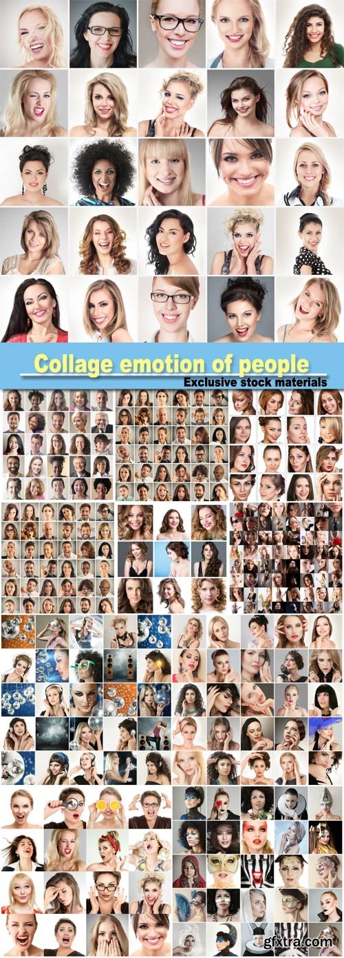 Collage emotion of people, people faces, set of woman portraits