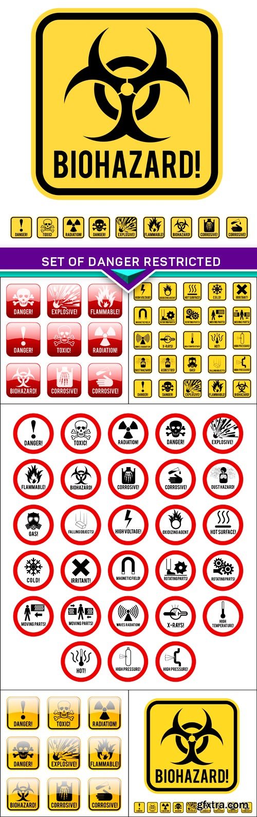 Set of danger restricted and hazards signs icon 5X EPS