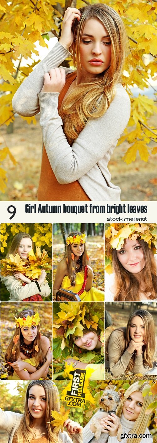 Girl Autumn bouquet from bright leaves