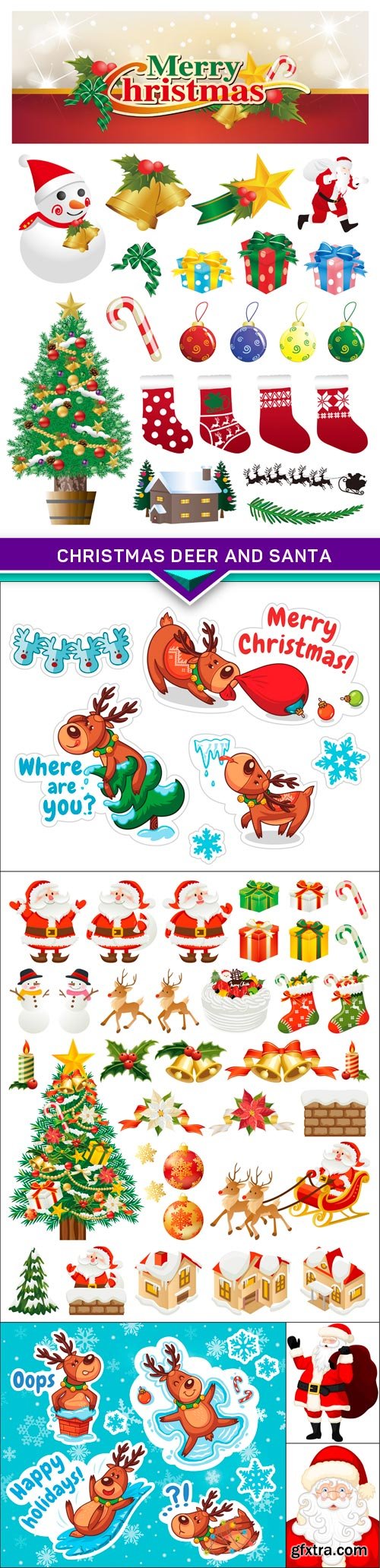 Christmas sticker with cartoon deer and Santa 6X EPS