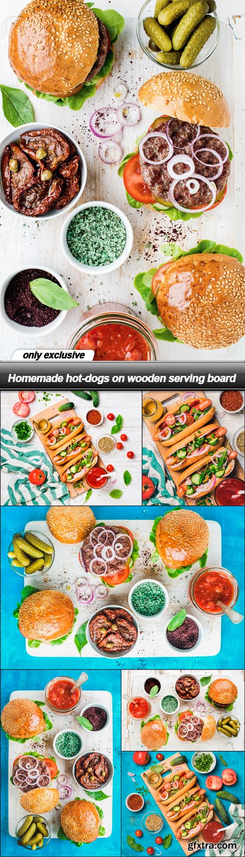 Homemade hot-dogs on wooden serving board - 7 UHQ JPEG