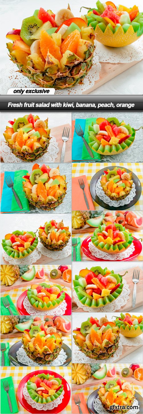 Fresh fruit salad with kiwi, banana, peach, orange - 12 UHQ JPEG