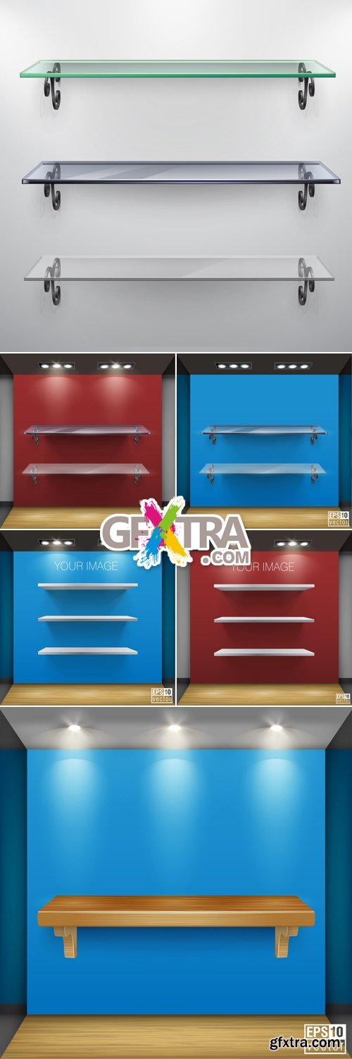 Empty Wooden & Glass Shelves Vector