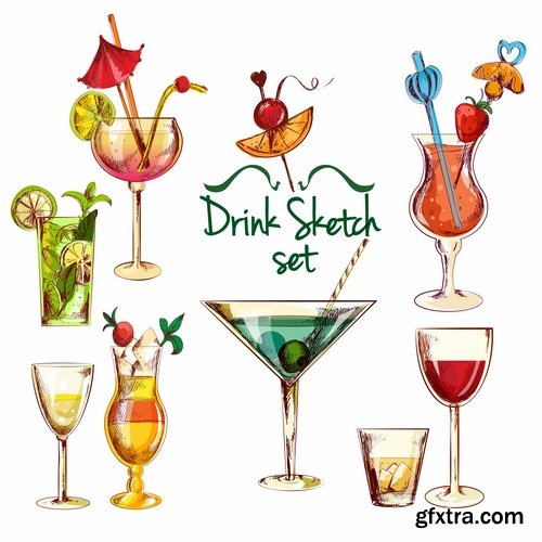 Collection of cocktail drink cup glass bottle vector image 25 EPS