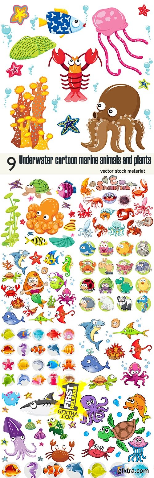 Underwater cartoon marine animals and plants