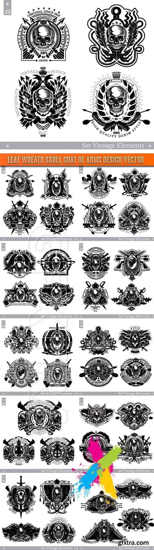 Leaf wreath skull coat of arms design vector