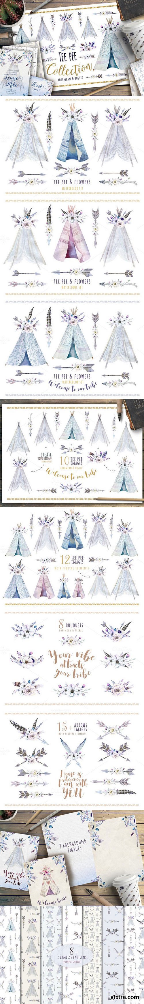 CM - Watercolor bohemian teepee & pattern 850495