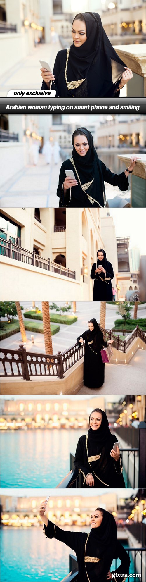 Arabian woman typing on smart phone and smiling - 6 UHQ JPEG