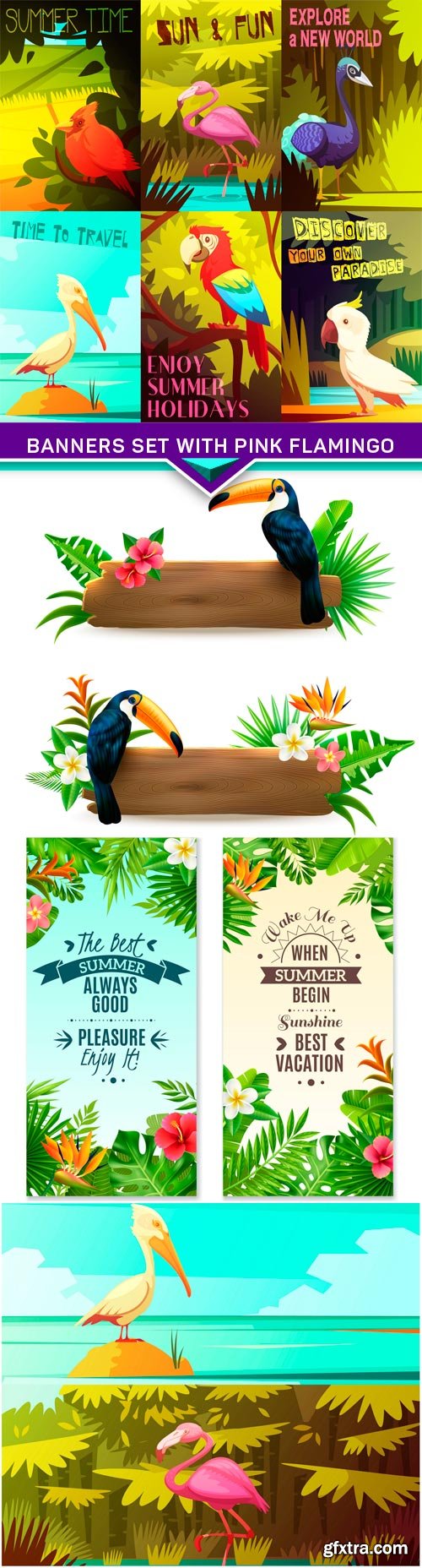 Tropical rainforest retro cartoon banners set with pink flamingo 4X EPS