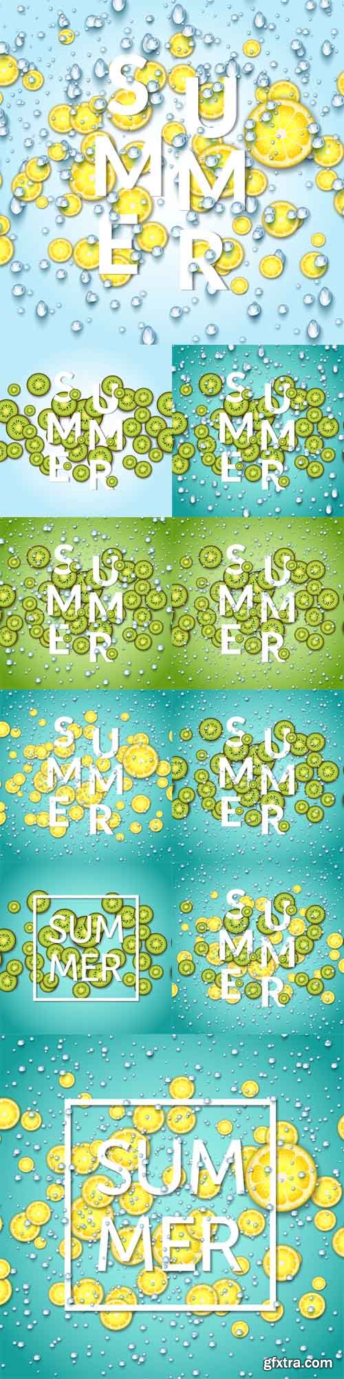 Vector Set - Summer card with kiwi and limon slices and fizzy water