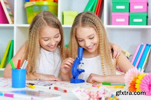 Girls on lesson of art, schoolgirl