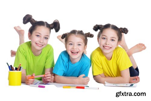 Girls on lesson of art, schoolgirl