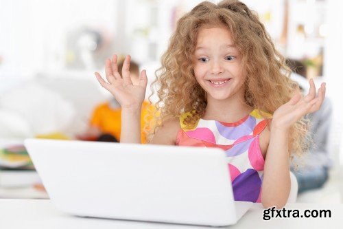 Girls on lesson of art, schoolgirl