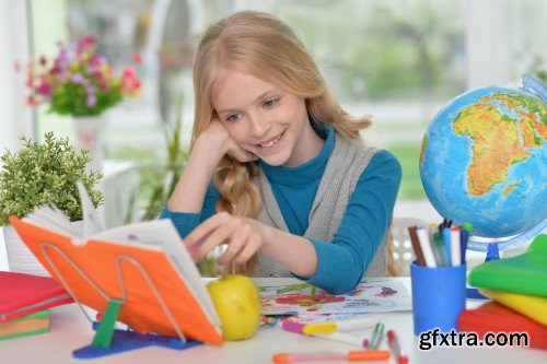 Girls on lesson of art, schoolgirl