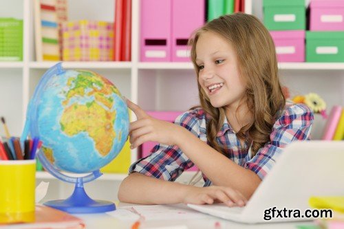 Girls on lesson of art, schoolgirl