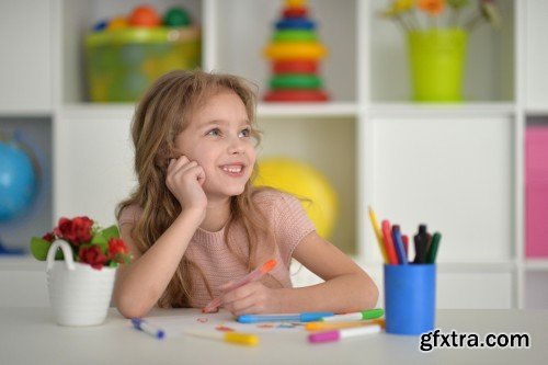 Girls on lesson of art, schoolgirl