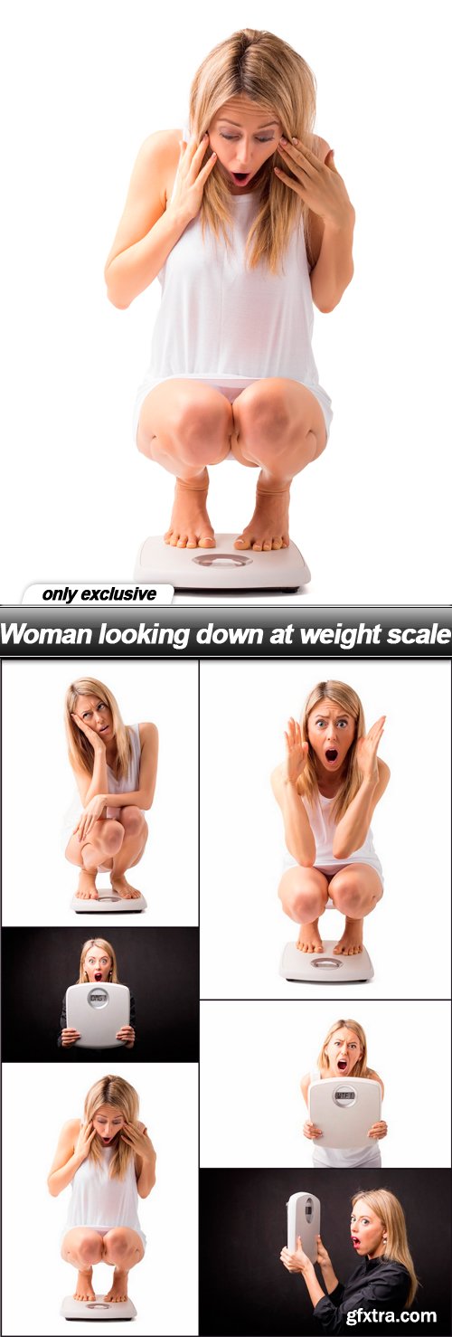 Woman looking down at weight scale - 6 UHQ JPEG