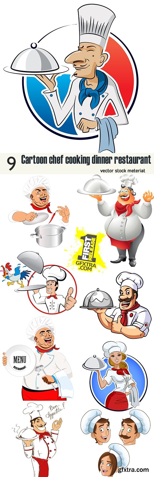 Cartoon chef cooking dinner restaurant