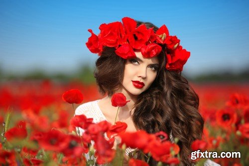 Fashion model girl portrait with red roses and red poppies