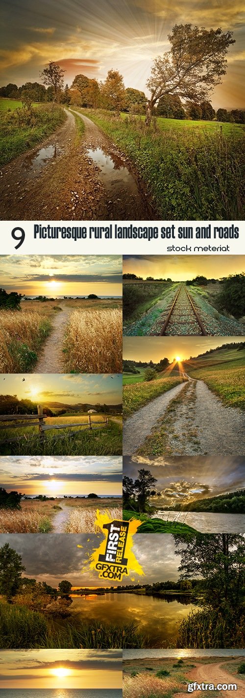 Picturesque rural landscape set sun and roads