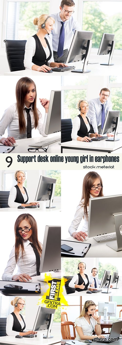 Support desk online young girl in earphones