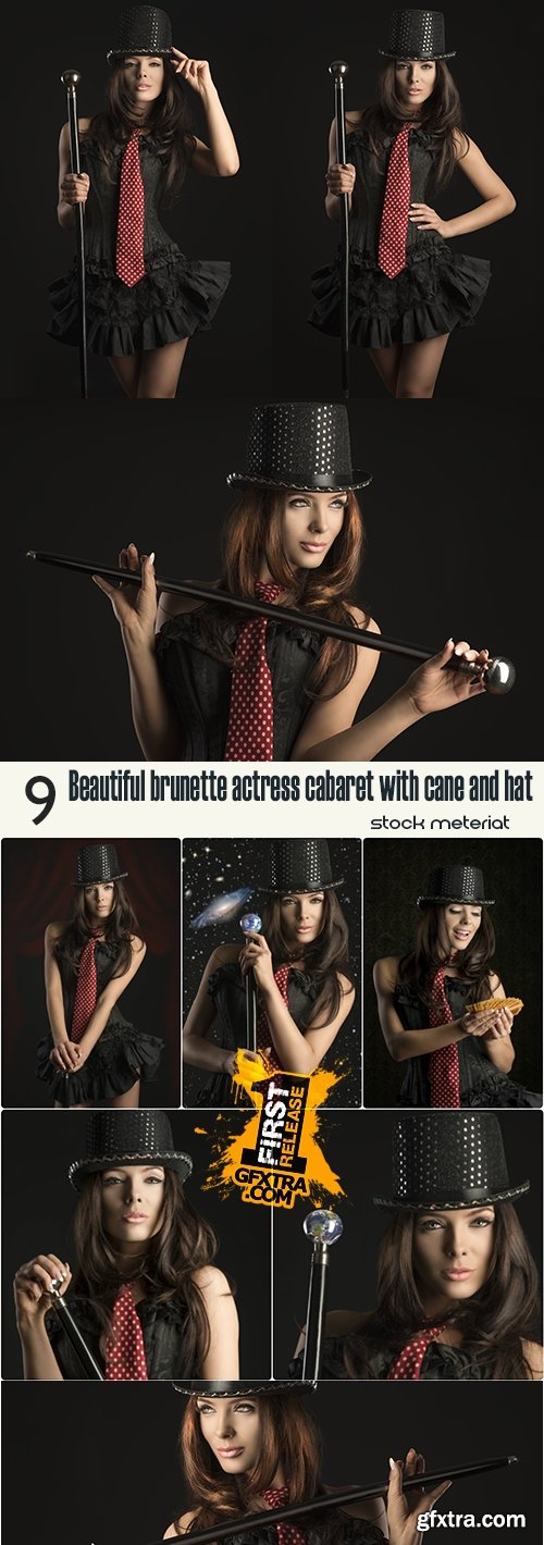 Beautiful brunette actress cabaret with cane and hat