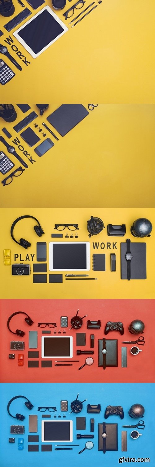 Creative black office supplies hero header on yellow background