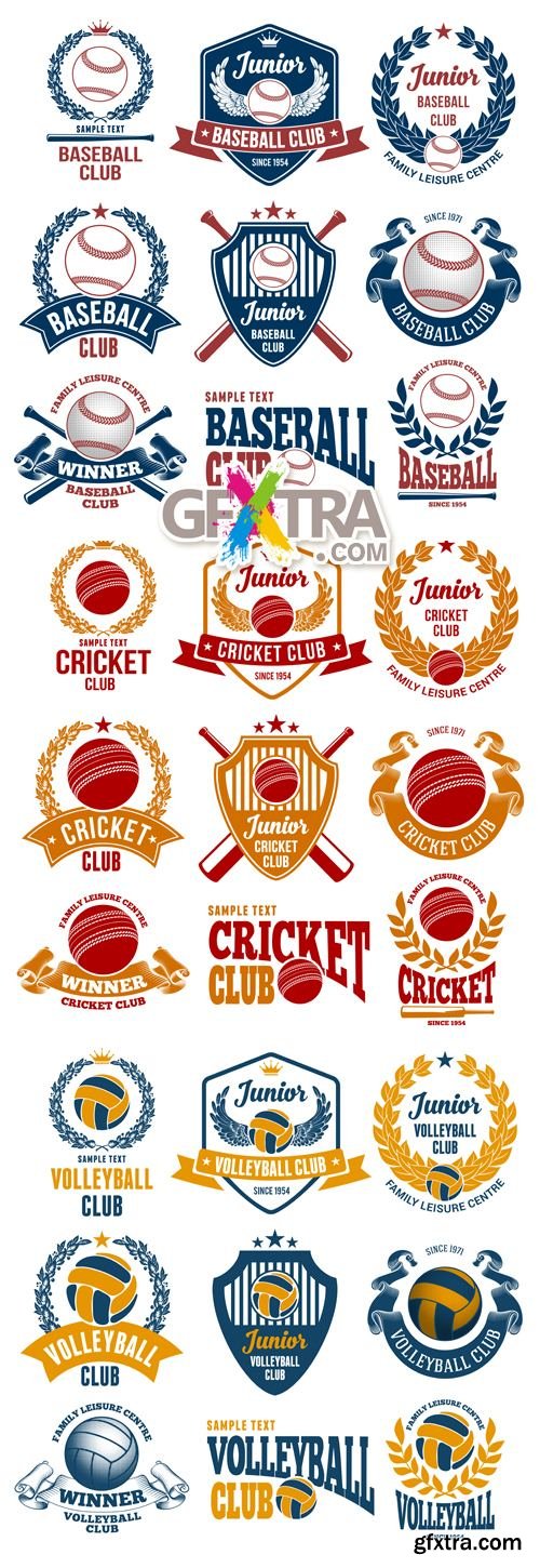 Baseball, Cricket & Volleyball Emblems Vector