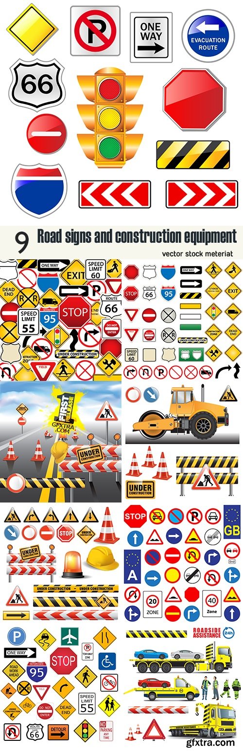Road signs and construction equipment