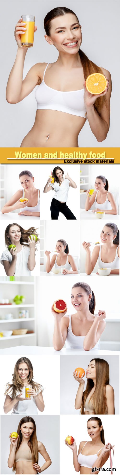 Young women with green apples and orange juice