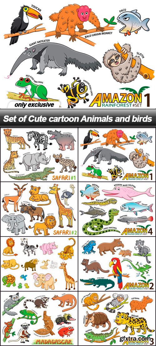 Set of Cute cartoon Animals and birds - 8 EPS