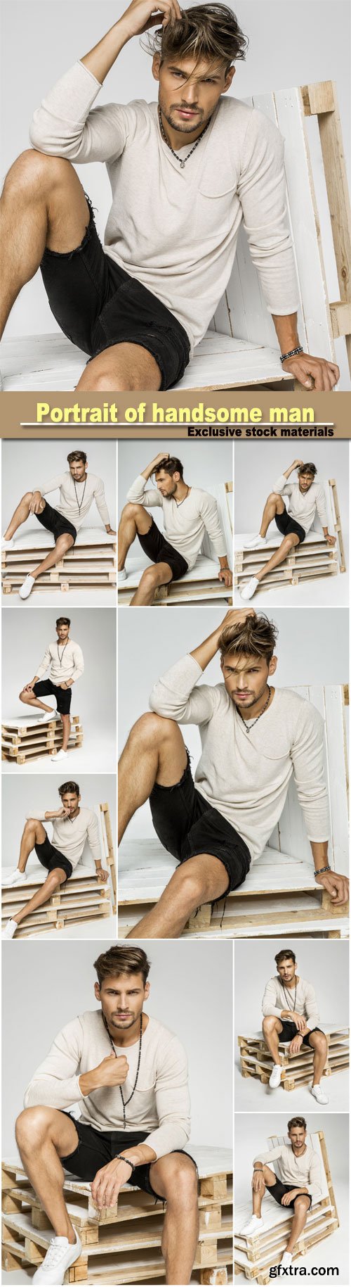 Portrait of handsome man with hand in his hair and sitting on pallets