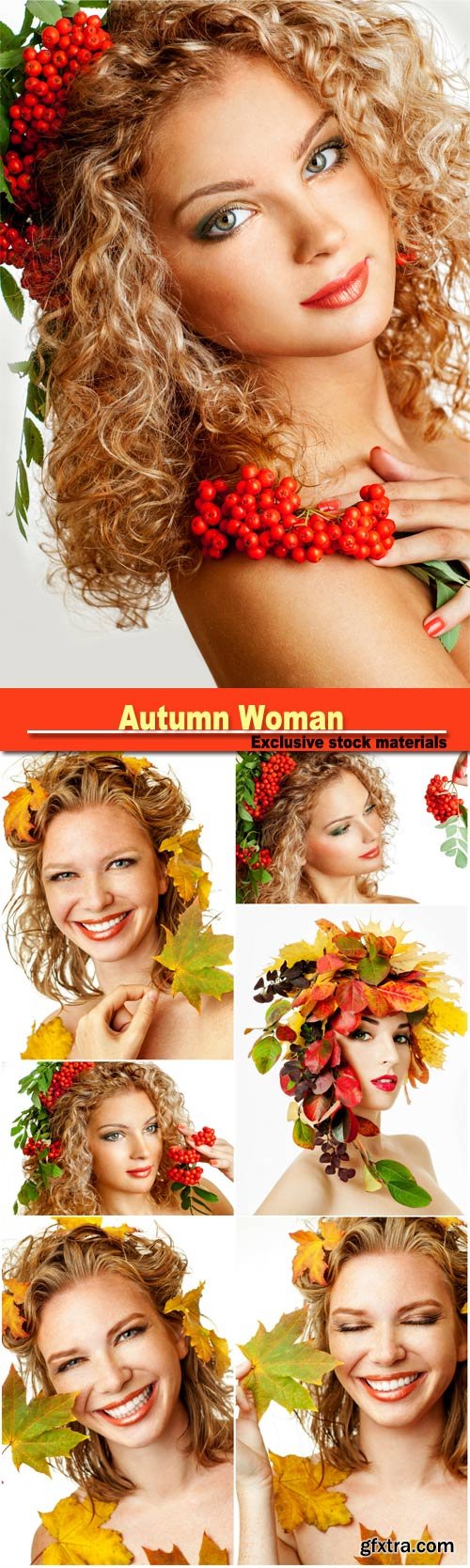 Autumn woman fashion portrait, beautiful model girl with  rowan berries