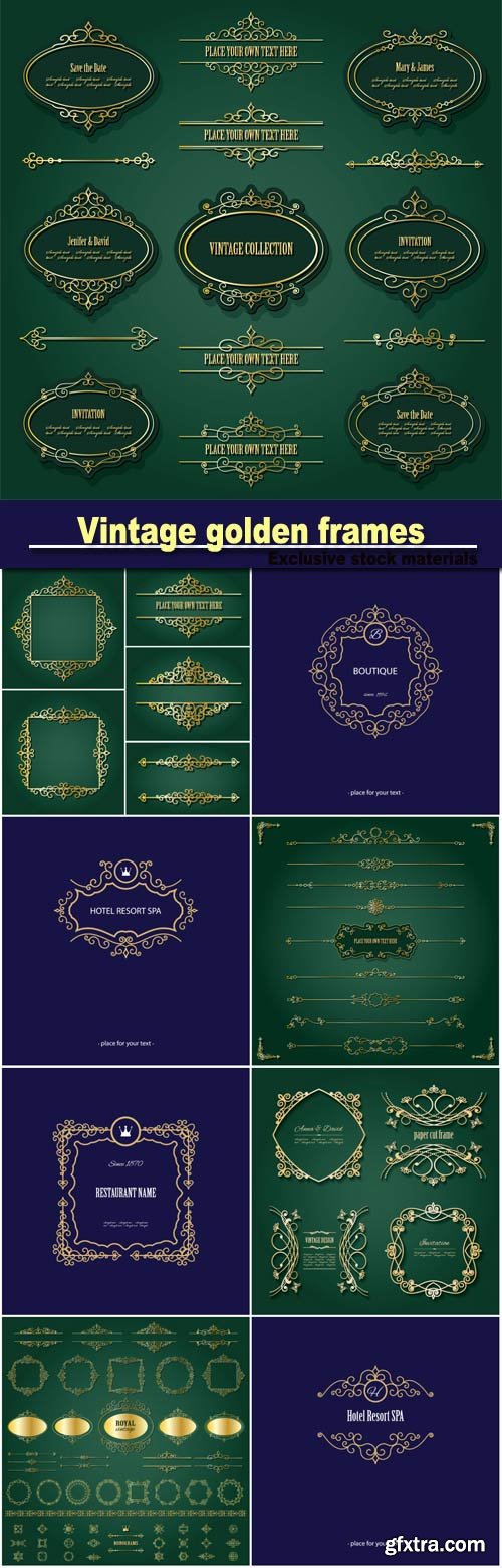 Vintage golden frames, labels and dividers set, luxury design