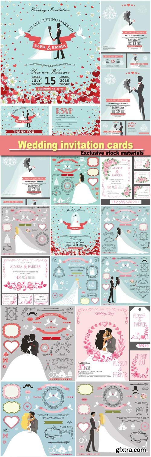 Wedding invitation cards set, groom and bride