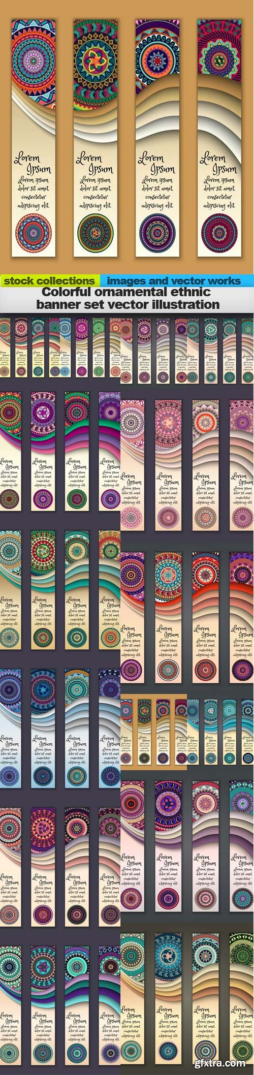 Colorful ornamental ethnic banner set vector illustration, 15 x EPS