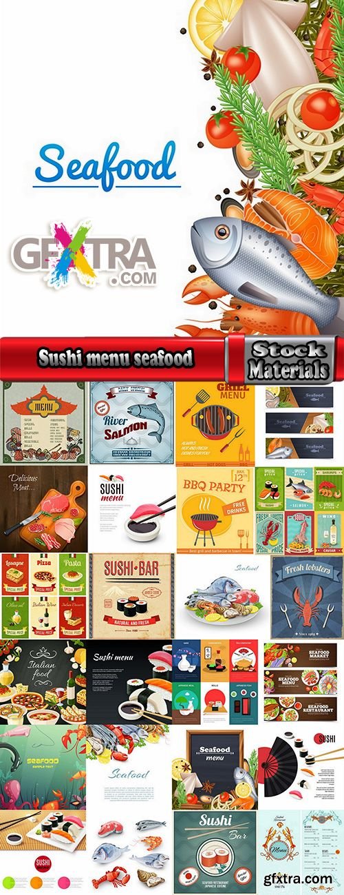 Sushi menu Collection seafood fish crab lobster 25 EPS