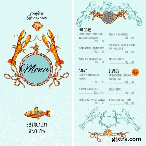 Sushi menu Collection seafood fish crab lobster 25 EPS