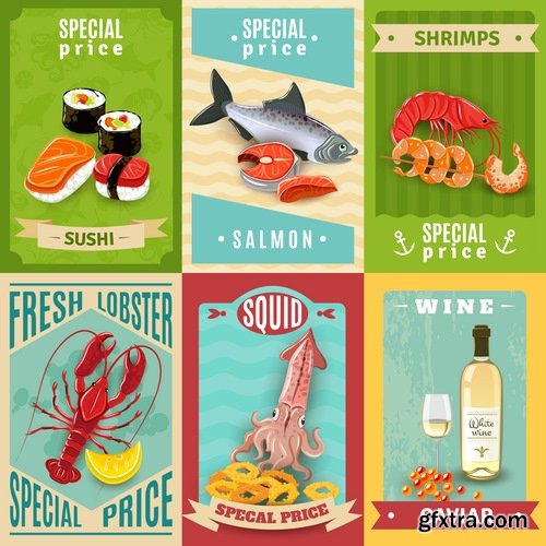 Sushi menu Collection seafood fish crab lobster 25 EPS