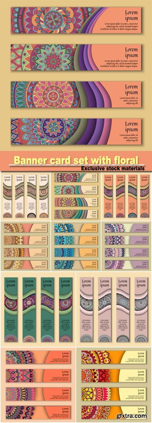 Banner card set with floral colorful decorative mandala elements background