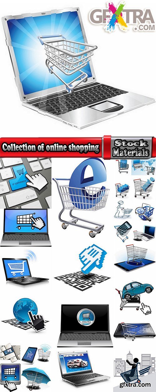 Collection of shopping cart online shopping laptop tablet computer network 25 EPS