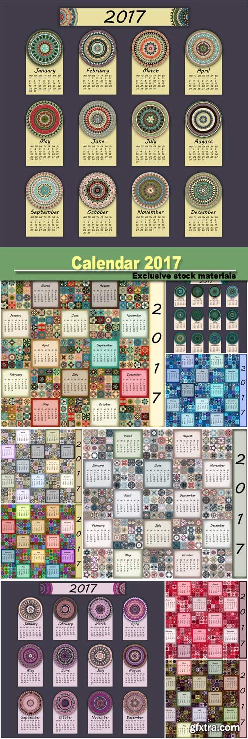 Calendar 2017, vintage decorative colorful elements, ornamental patchwork oriental pattern, vector illustration