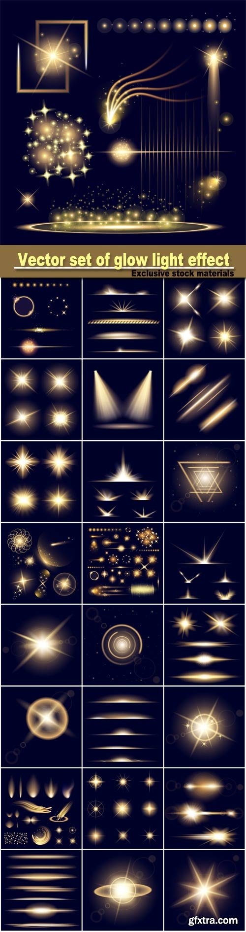 Vector set of glow light effect stars bursts with sparkles isolated on black background