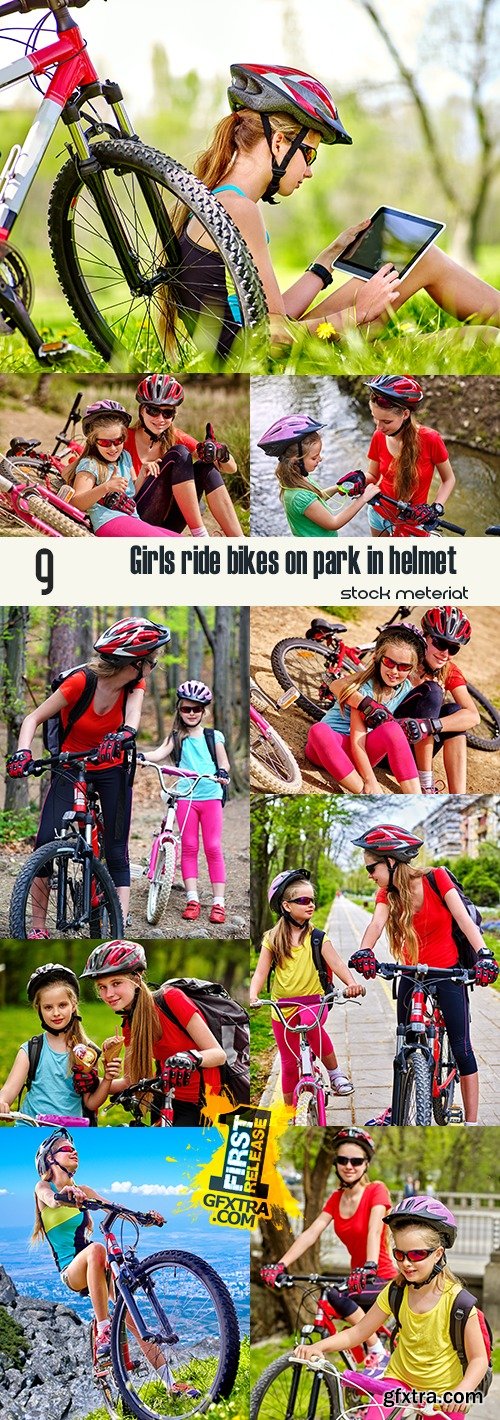 Girls ride bikes on park in helmet